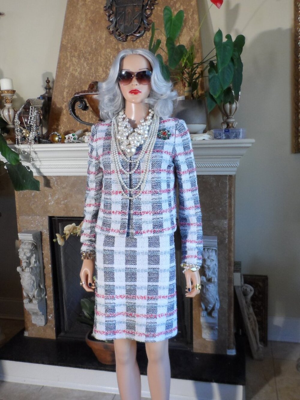 St. John Tweed Textured Knit Plaid Dress & Jacket Set Size 2/4